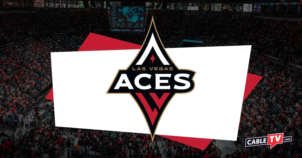 Red and white Las Vegas Aces logo resembling a diamond with a crowded basketball stadium in the background with a shadow effect