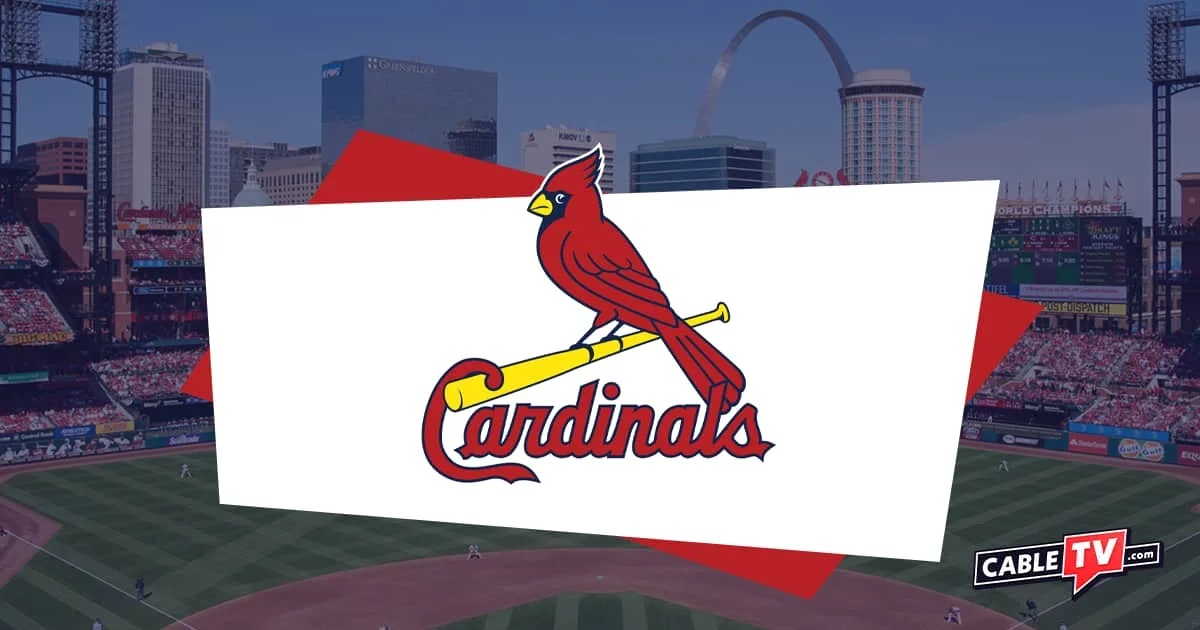 Logo of red cardinal perched on a baseball bat with Cardinals text and St. Louis baseball stadium as background with shadow effect