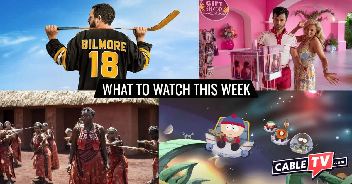 A collage of images from Happy Gilmore 2, Acapulco, Washington Black, and South Park, shows covered in CableTV.com’s What to Watch This Week column for July 21–27.