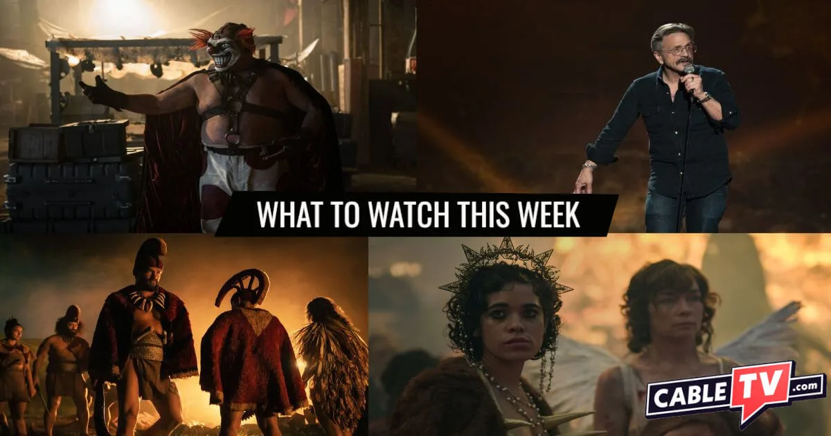 A collage of images from Twisted Metal, Marc Maron: Panicked, Chief of War, and Dope Girls, shows covered in CableTV.com’s What to Watch This Week column for July 28–August 3.