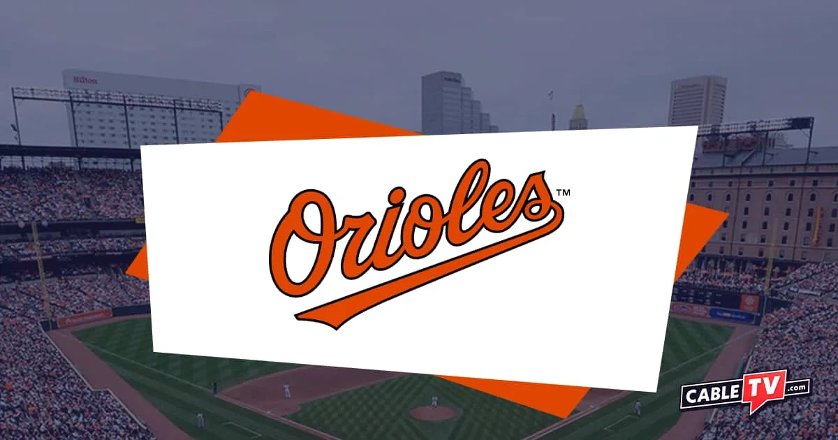 Stylized Orioles text in orange with Camden Yards stadium in background with shadow effect applied