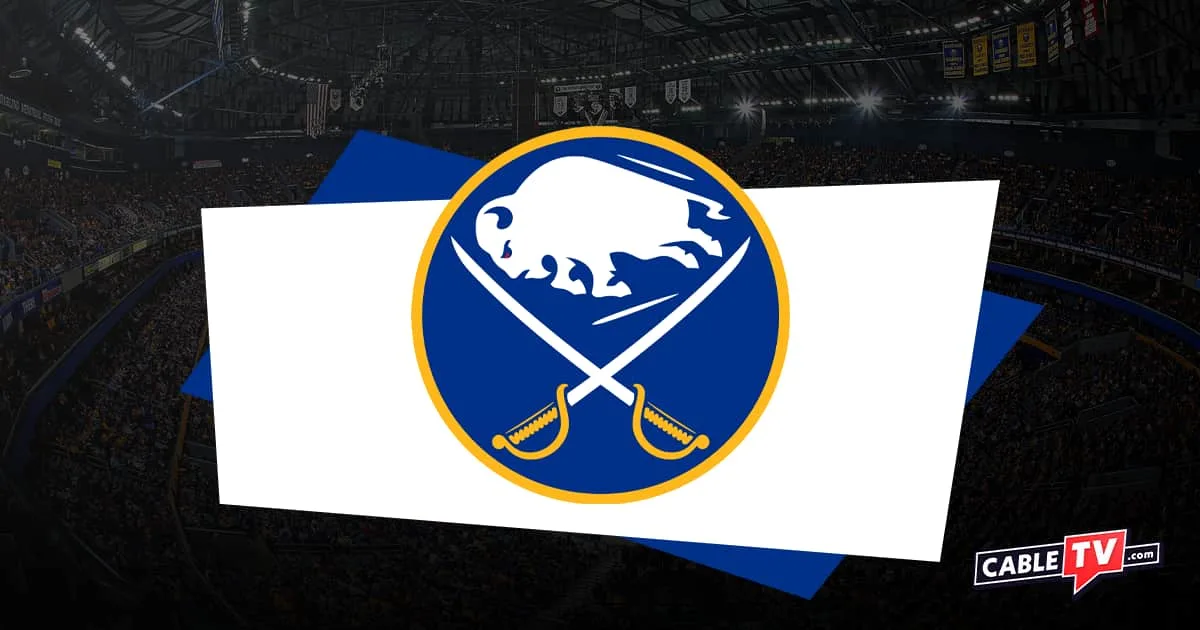 Buffalo Sabres logo of a running buffalo above two crossed sabres on a field of blue with hockey rink in shadow as background