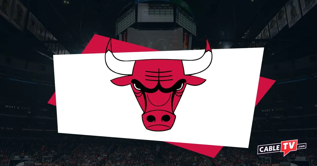 Chicago Bulls logo featuring angry red bull's face with red tipped horns. Basketball court in shadow as background