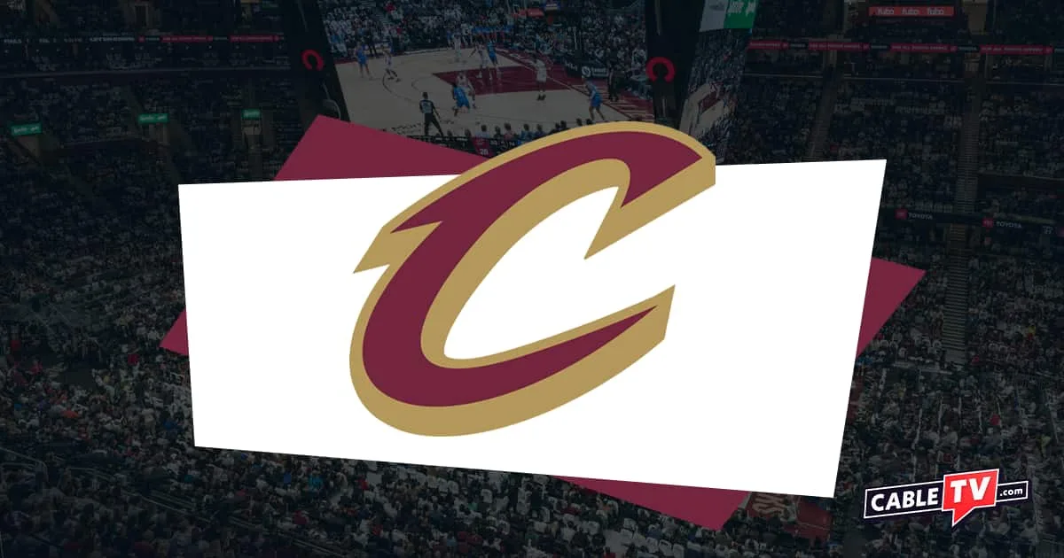 Burgundy and gold C Cavaliers logo with stadium in background