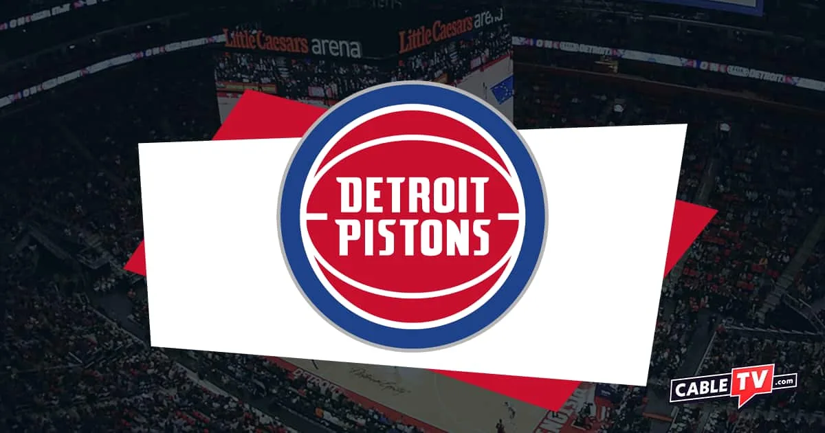 Red and blue circular Detroit Pistons logo with basketball court in background