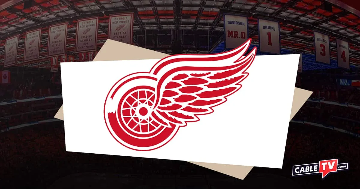 Red automobile tired with wings with Detroit Red Wings hockey banners hanging above ice rink