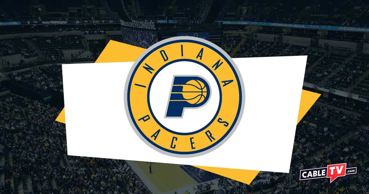 Gold and blue P Pacers logo with basketball with basketball court as background