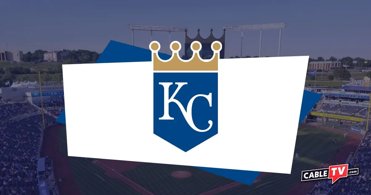 Kansas City Royals logo of blue shield with gold crown with baseball field with shadow effect as background