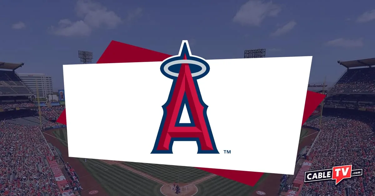 Stylized red letter A with a halo with baseball stadium as background
