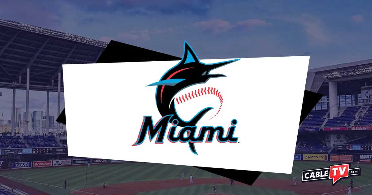 Marlins logo with Miami baseball stadium in shadow as background