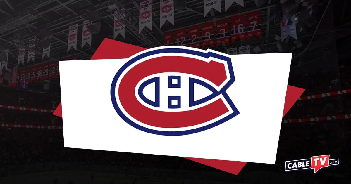 Montreal Canadiens logo with background of hockey banners hanging from ceiling in shadow
