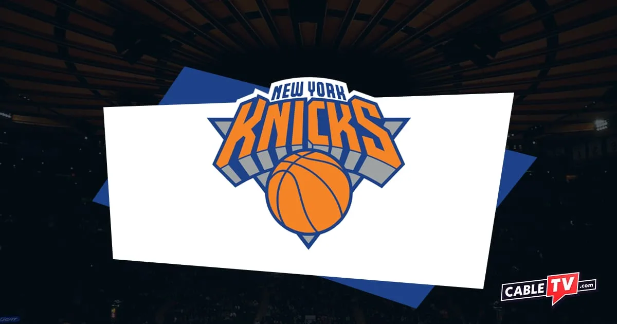 Orange Knicks logo with darkened basketball court as background and CableTV.com logo in bottom right corner