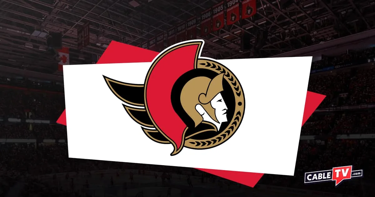 Red and gold Ottawa Senators logo with hockey banners above arena as background