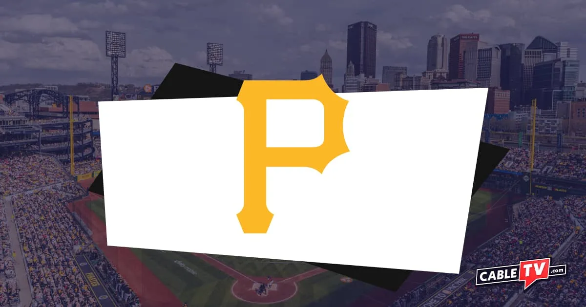 Yellow stylized Pittsburg Pirates logo with baseball stadium with shadow effect as background