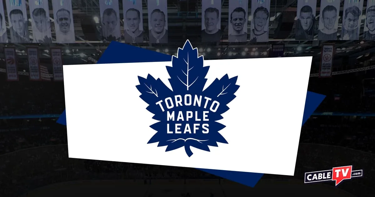 Blue maple leaf logo with hockey banners hanging from rink ceiling as background