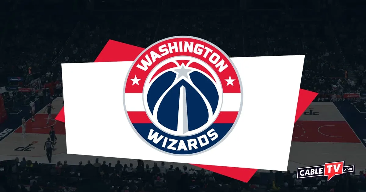 Washington Wizards logo featuring a red and blue basketball incorporating the Washington Monument and a basketball court background