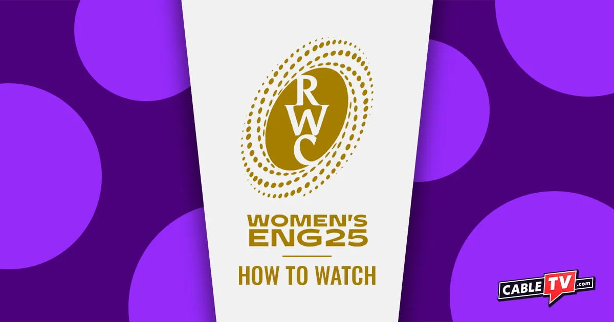 Dark gold Rugby World Cup logo with purple background for How to Watch Women's Rugby World Cup