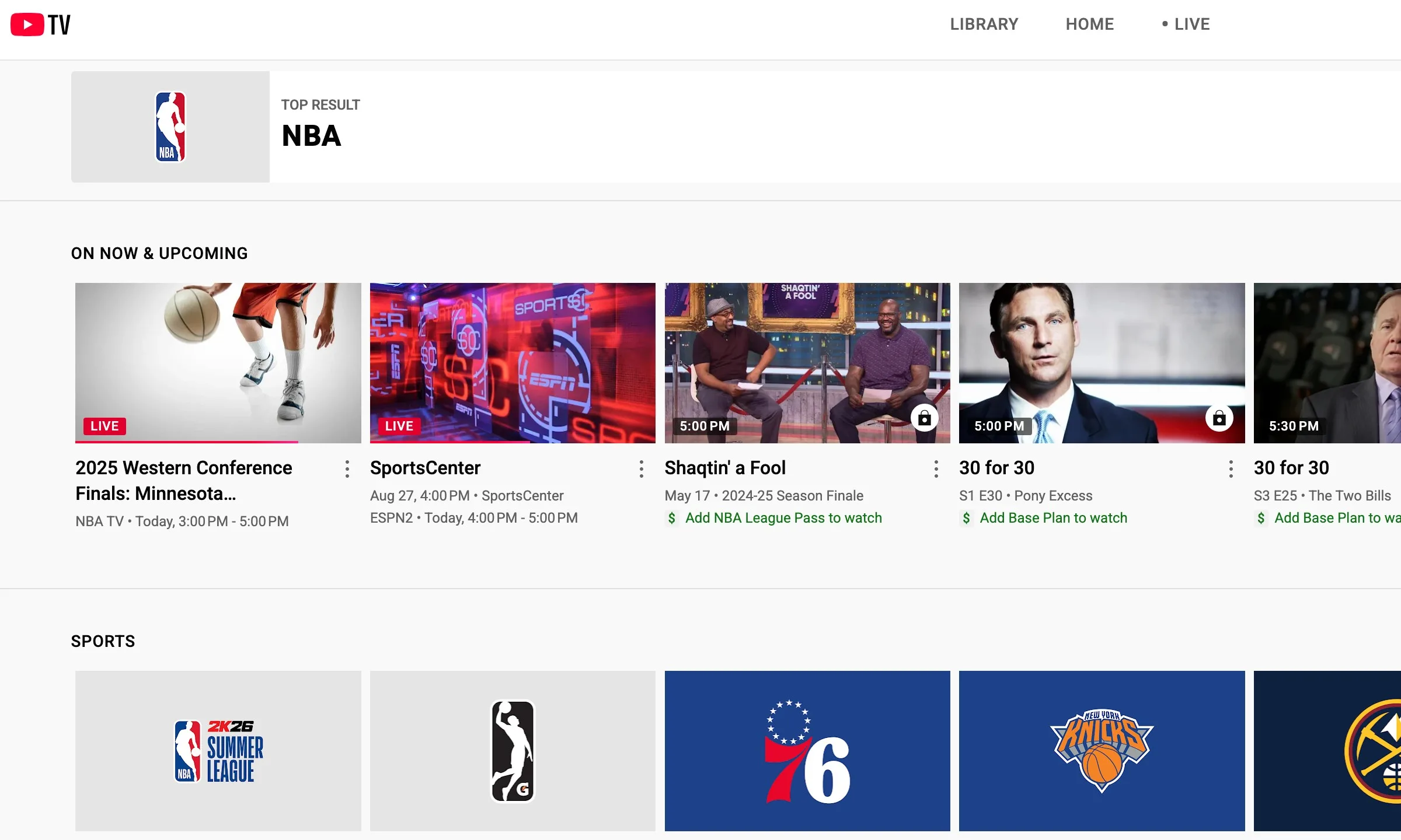 YouTube TV NBA The YouTube TV NBA interface featuring tiles that correspond to various viewing options.