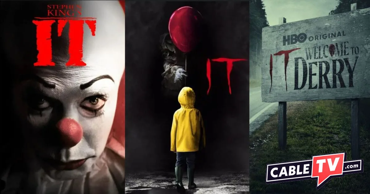 A three-panel collage of thumbnails for IT movies and shows. The first panel shows Tim Curry as Pennywise the Clown. The second shows a little boy in a raincoat staring at Pennywise, who is holding a red balloon. The third shows a road sign that says “IT: Welcome to Derry.” The CableTV.com logo is in the bottom right corner.