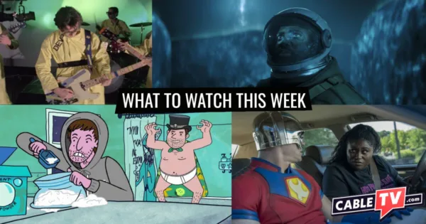 A collage of images from Devo, Invasion, Long Story Short, and Peacemaker, movies and shows covered in CableTV.com’s What to Watch This Week column for August 18–24.