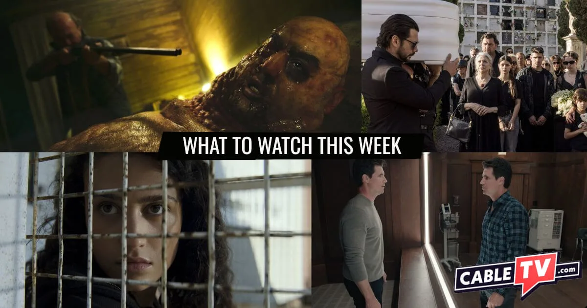 A collage of images from When Evil Lurks, Two Graves, The Terminal List: Dark Wolf, and Upload, movies and shows covered in CableTV.com’s What to Watch This Week column for August 25–31.