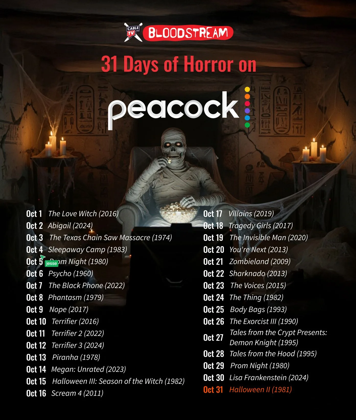 In a pyramid room, a mummy sits on a throne munching popcorn, bathed in the glow of the TV’s light. Text on the top of the image says “CableTV.com Bloodstream, 31 Days of Horror Movies on Peacock.” Text at the bottom of the image has horror movie recommendations for the month of October.
