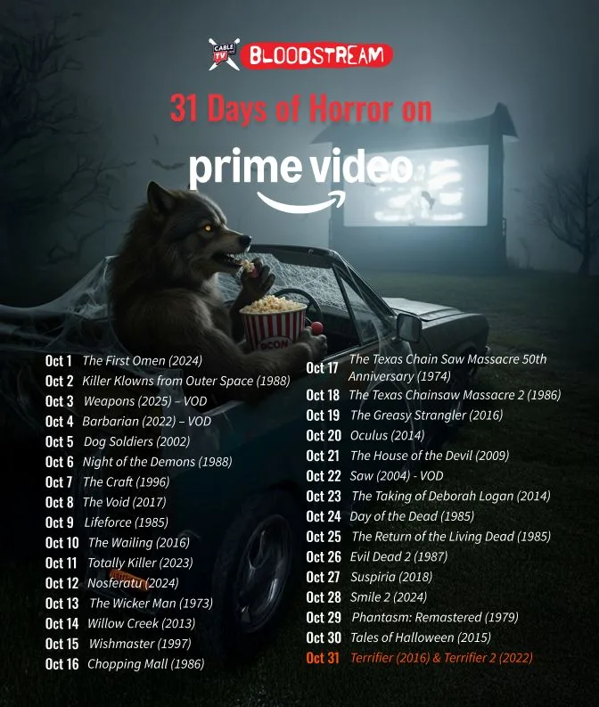 At a drive-in theater, a werewolf sits in a convertible munching popcorn, bathed in the glow of the drive-in screen. Text at the top of the image says “CableTV.com Bloodstream, 31 Days of Horror Movies on Prime Video.” Text at the bottom of the image has horror movie recommendations for the month of October.