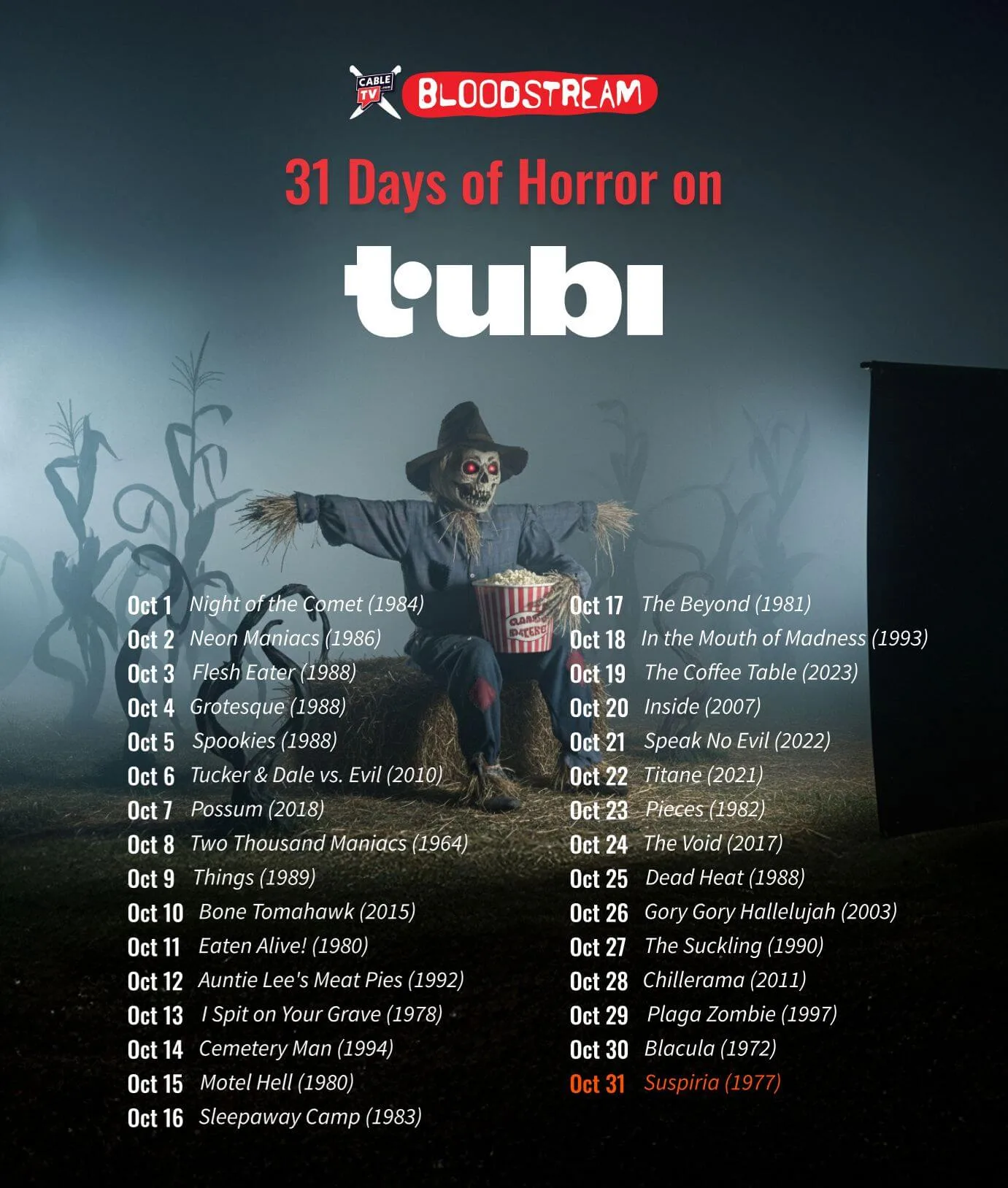 In a cornfield, a red-eyed scarecrow munches popcorn while bathed in the glow of the TV screen. Text at the top of the image says “CableTV.com Bloodstream, 31 Days of Horror Movies on Tubi.” Text at the bottom of the image has horror movie recommendations for the month of October.