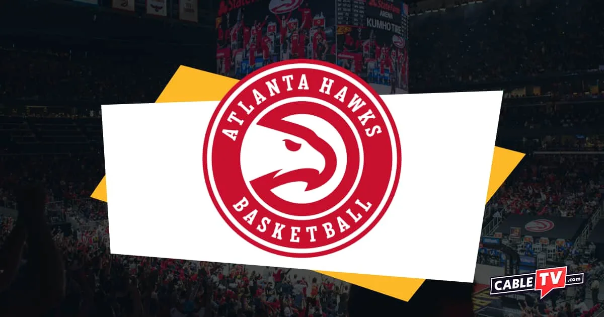 Red and white Circular logo of Atlanta Hawks with profile of hawk's head and basketball court in background with shadow effect. CableTV.com logo in bottom right corner.