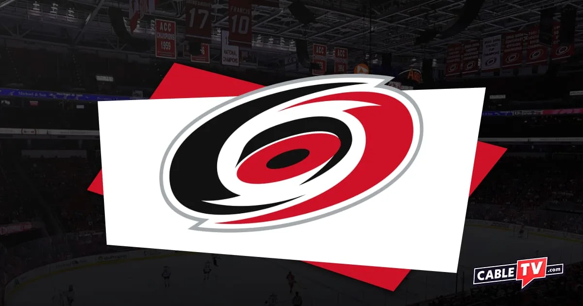 Carolina Hurricanes logo featuring a red and white hurricane graphic with a shadowed hockey rink in the background and CableTV.com logo in bottom right