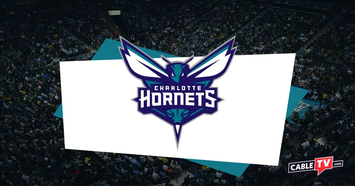 Charlotte Hornets logo featuring a teal and purple hornet with a basketball court in shadow as background and CableTV.com logo in bottom right.