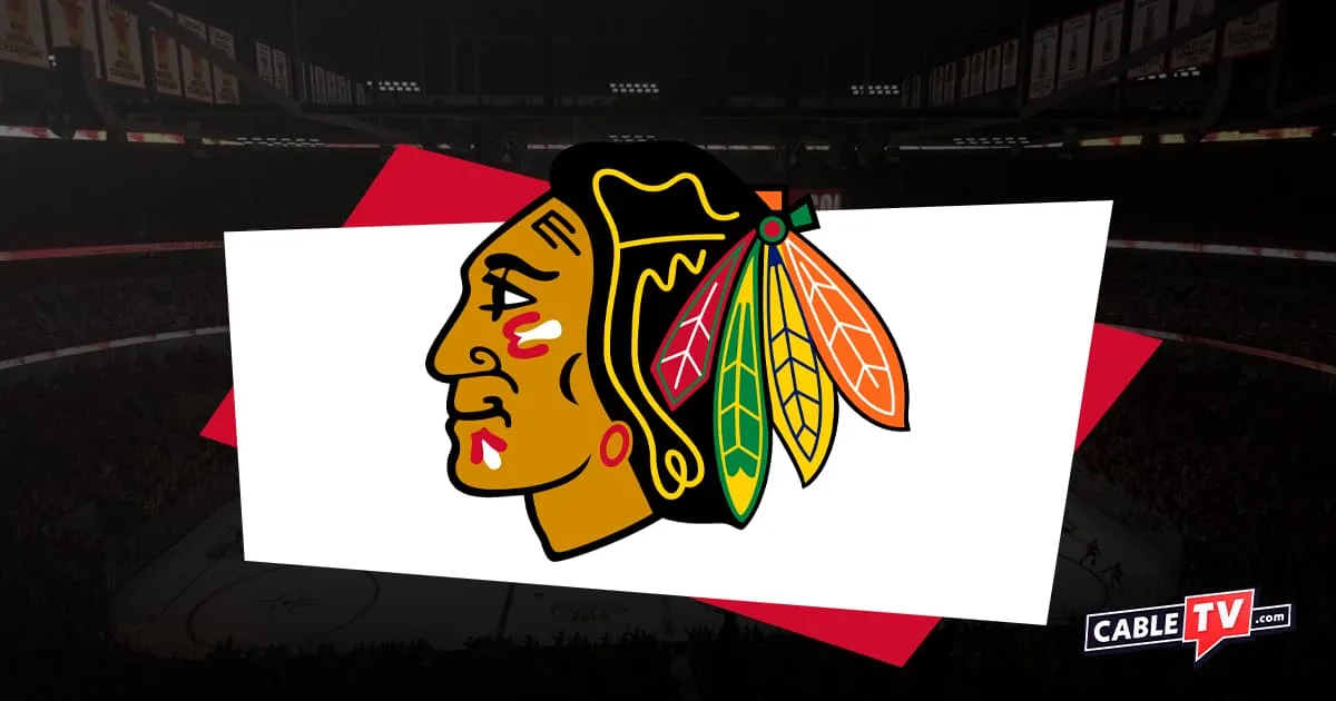 Chicago Blackhawks logo featuring profile of Blackhawk chief with four feathers with a hockey rink in shadow as background and CableTV.com logo in bottom right corner.