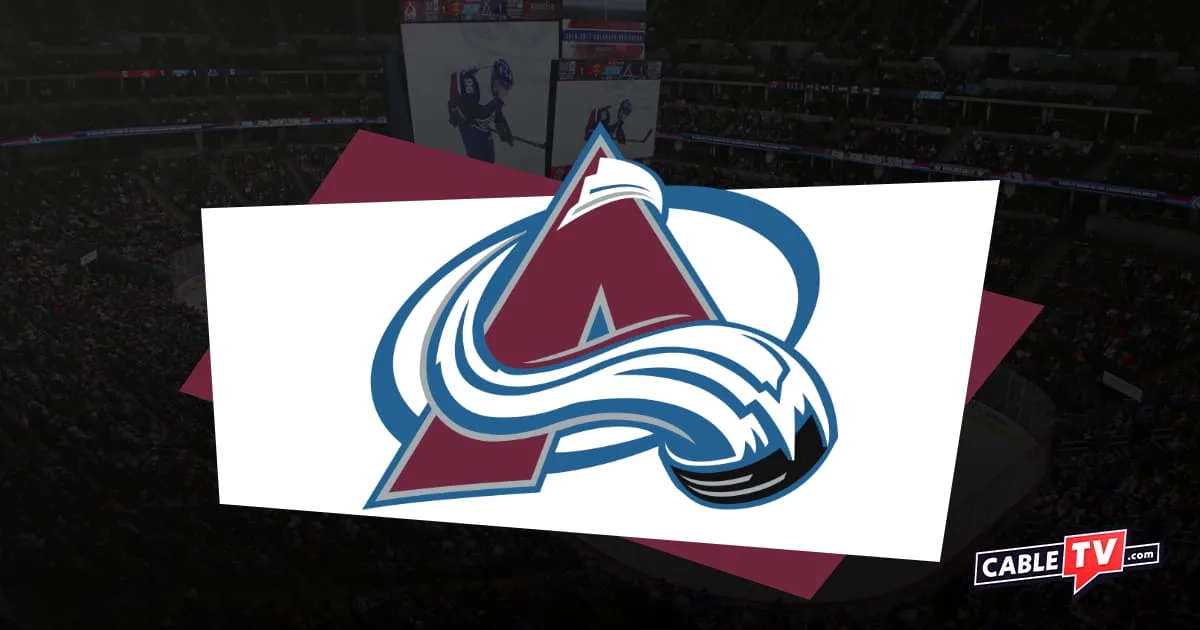 Colorado Avalanche logo featuring burgundy A with snowy swoosh ending in a hockey puck. Background is a hockey stadium with heavy vignette. CableTV.com logo in bottom right corner.