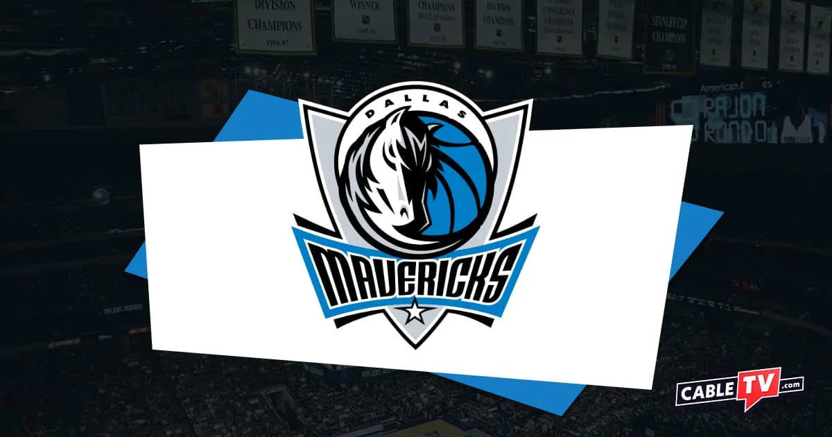 Blue and white Dallas Mavericks logo featuring a blue basketball with a horse head covering the left side of the ball. Basketball stadium with shadow effect as background and CableTV.com logo in bottom right corner