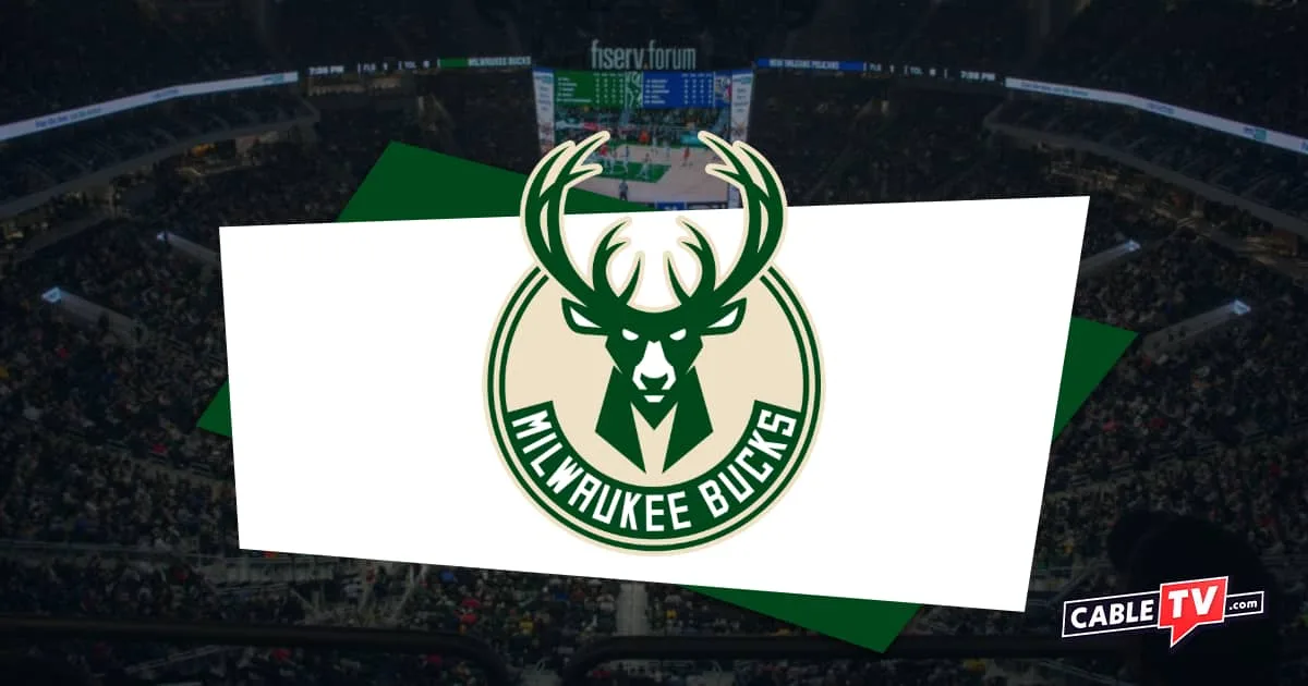 Green and beige Milwaukee Bucks logo featuring a graphic of a buck's head from the front with a basketball court in shadow as background and CableTV.com logo in bottom right