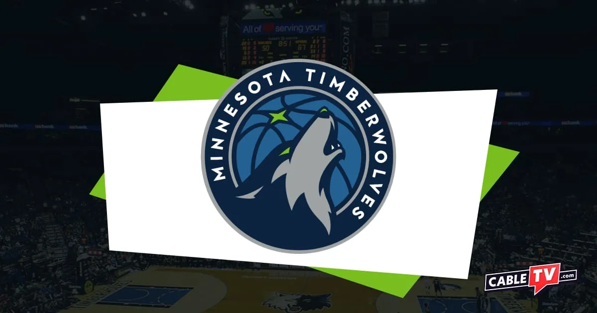 Minnesota Timberwolves logo featuring a wolf with its snout up in a howl with a dusky blue basketball as a moon. CableTV.com logo in bottom right