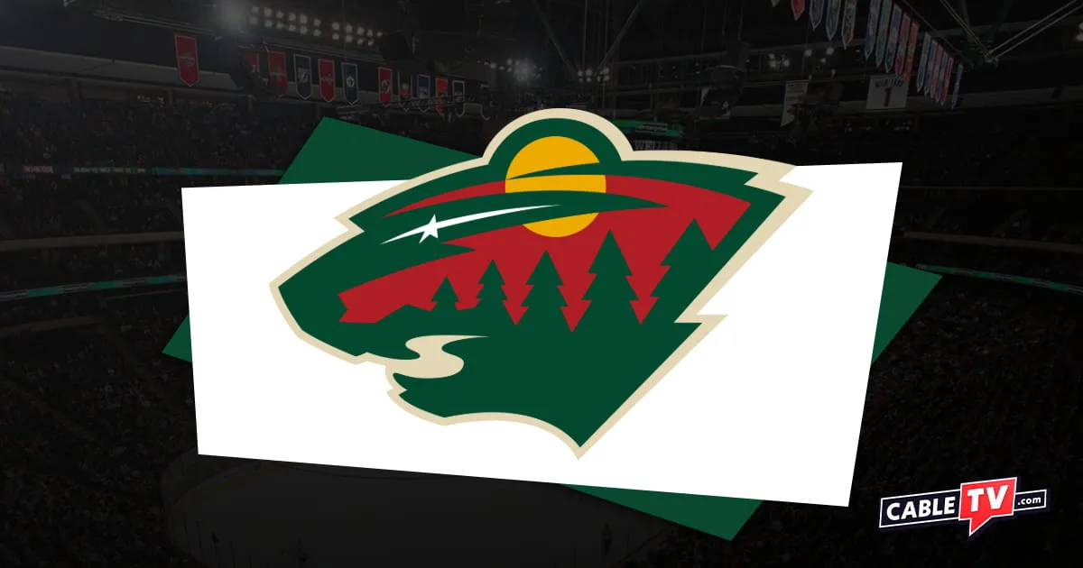 Minnesota Wild logo featuring a green and red profile of a wild animal incorporating evergreen trees and a sun with a hockey rink with shadow effect as background and the CableTV.com logo in the bottom right corner