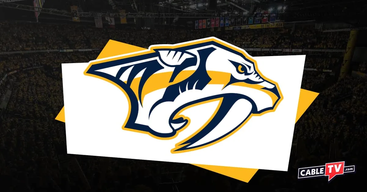 Nashville Predators logo featuring a sabre tooth tiger profile with a gold accent and a hockey stadium in shadow as background and CableTV.com logo in bottom right corner