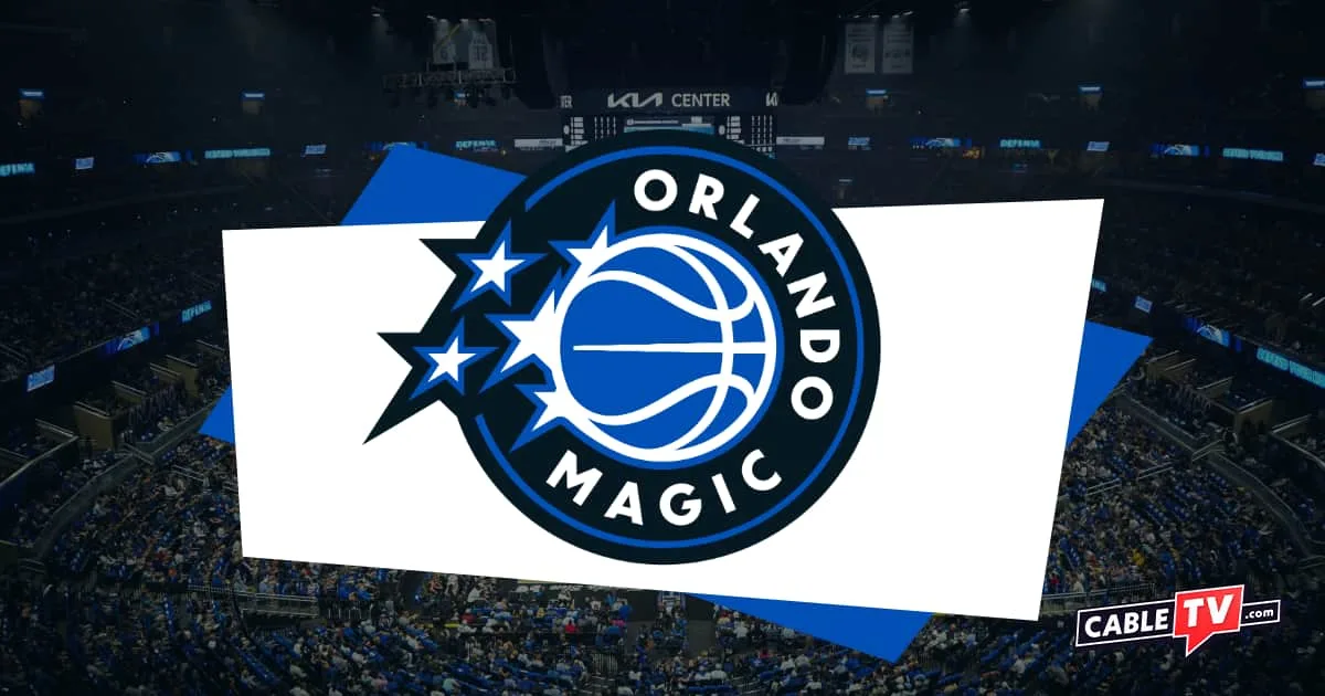 Orlando Magic logo featuring a blue basketball and stars with a basketball court in shadow as background