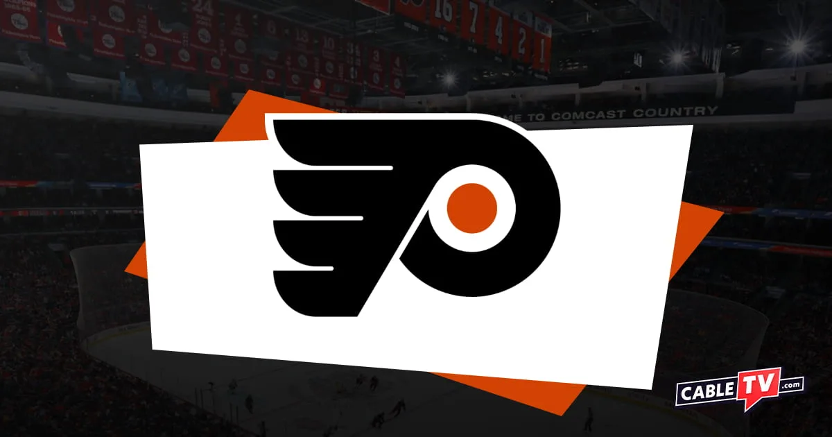 Philadelphia Flyers logo featuring a black stylized P with an orange dot in the center of the letter. In the background is a hockey rink with a shadow effect. CableTV.com logo in bottom right corner.