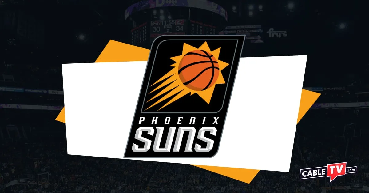 Phoenix Suns logo featuring a basketball with a sun-like starburst appearing to fly through the air. Background of darkened basketball court and CableTV.com logo in bottom right corner.