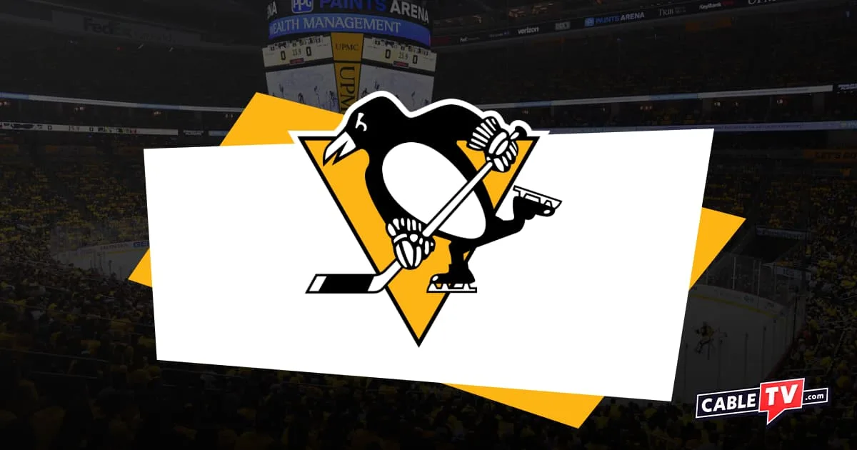 Pittsburgh Penguins logo featuring a penguin with a hockey stick wearing skates in front of a yellow triangle pointing down. Hockey rink in shadow as background and CableTV.com logo in bottom right.