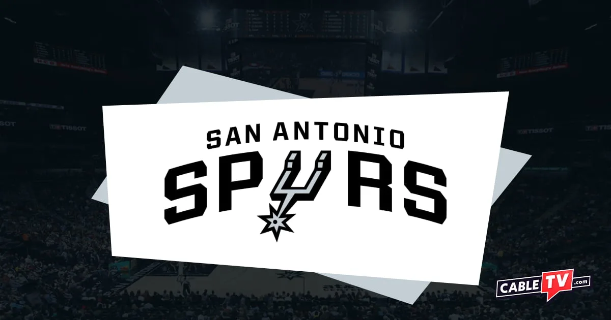 San Antonio Spurs logo featuring a cowboy spur as the U in Spurs. Darkened basketball stadium as background and CableTV.com logo in bottom right.