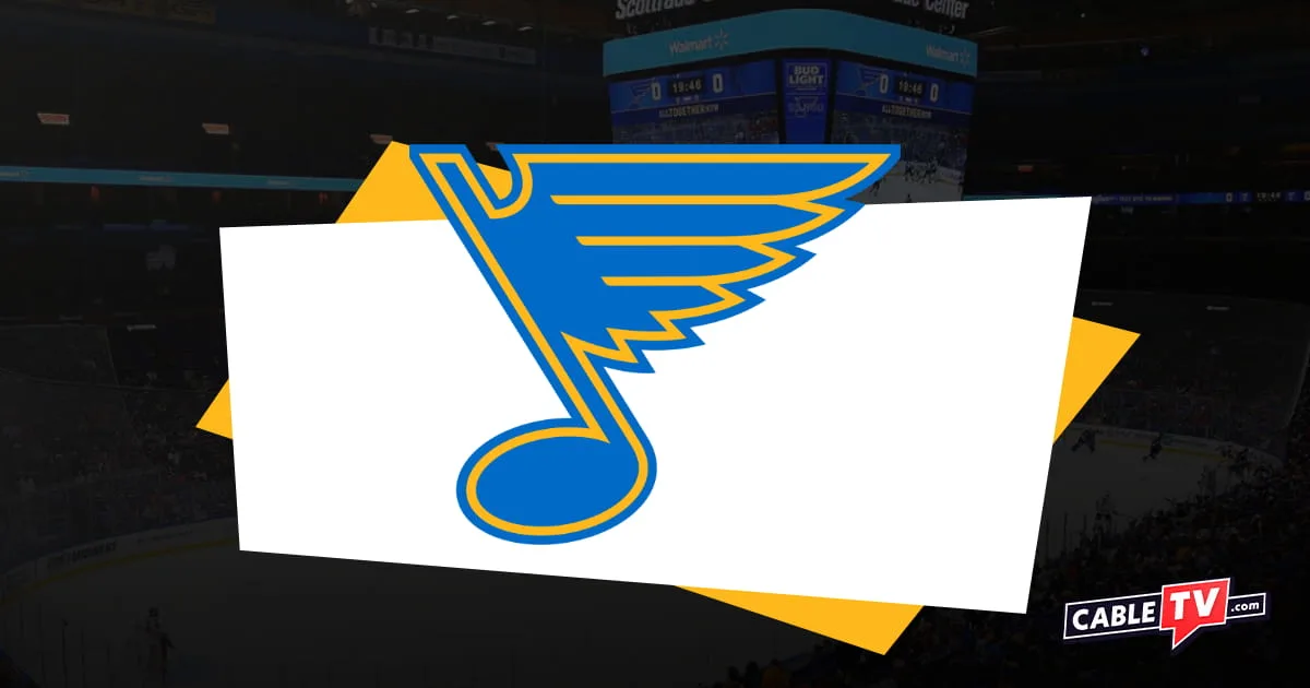 St. Louis Blues logo featuring a blue and gold musical note with wings. Background is a hockey arena with shadow effect and the CableTV.com logo is in the bottom right corner.