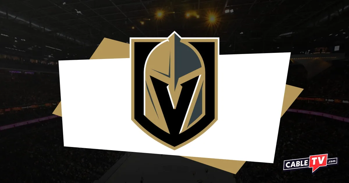 Vegas Golden Knights logo featuring a dark gold and black steel helmet with CableTV.com logo in bottom right corner and darkened hockey rink as background
