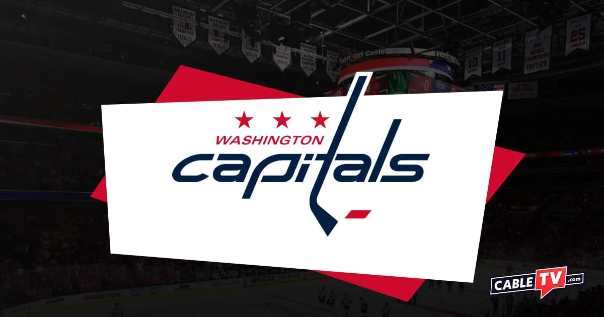 Washington Capitals logo featuring a hockey stick as the t in Capitals and three red stars over Washington. Hockey stadium in background with shadow effect and CableTV.com logo in bottom right.