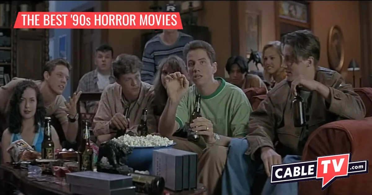 The Best ‘90s Horror Movies - CableTV.com In a scene from Scream, teenagers gather on the couch while one of them appears to explain something.