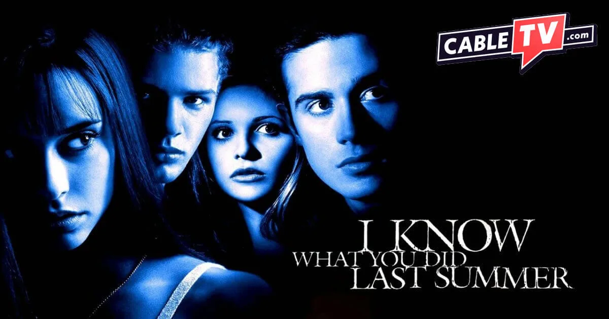 How to Watch the I Know What You Did Last Summer Movies in Order - CableTV.com Over a black background, a blue-hued cast photo shows the four main cast members of I Know What You Did Last Summer.