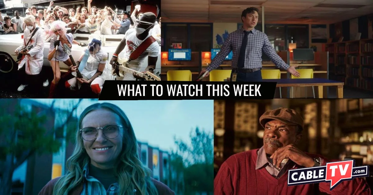 A collage of images from Into the Void: Life, Death, and Heavy Metal, The English Teacher, Wayward, and The Lowdown, shows covered in CableTV.com’s What to Watch This Week column for September 22–28.