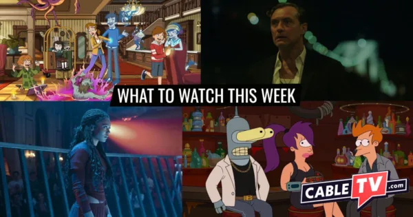 A collage of images from Haunted Hotel, Black Rabbit, Gen V, and Futurama, shows covered in CableTV.com’s What to Watch This Week column for September 15–21.
